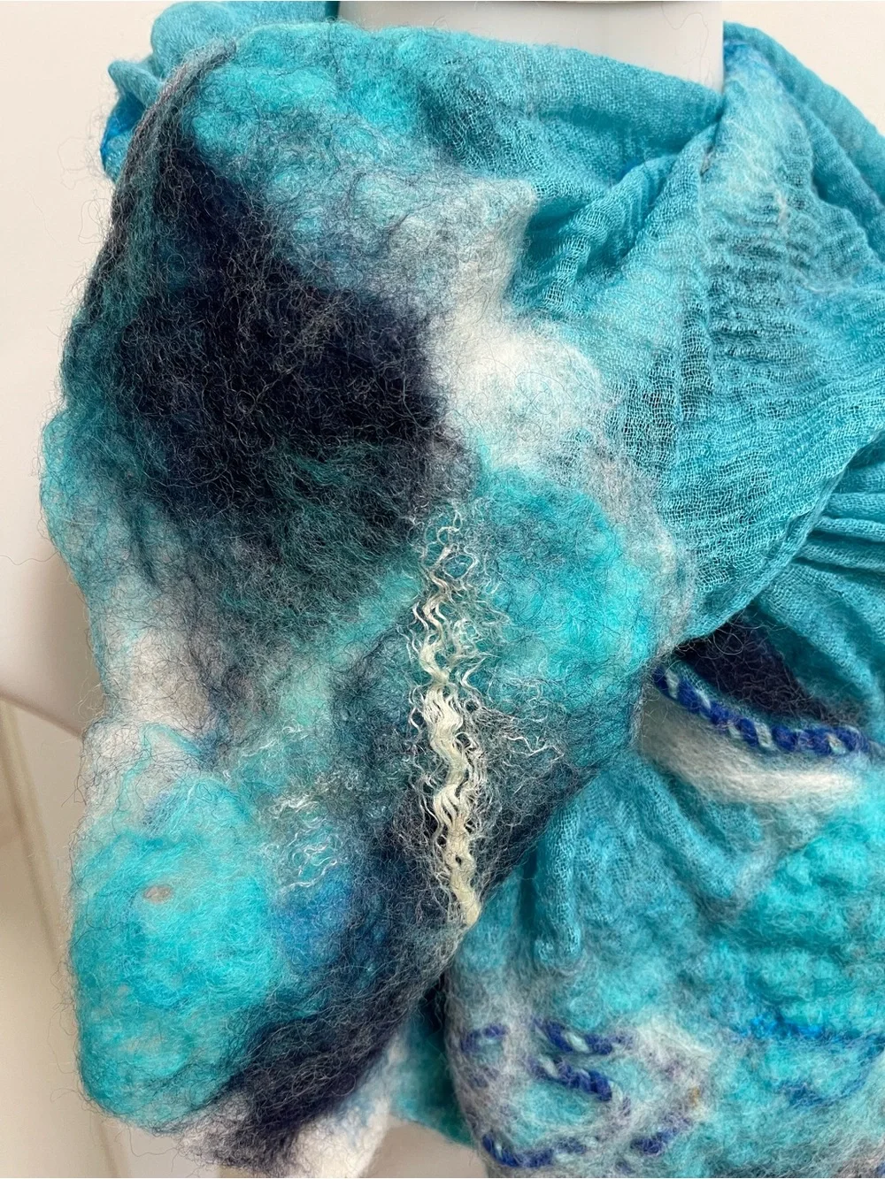 Handfelted Aqua & Teal Wool Scarf